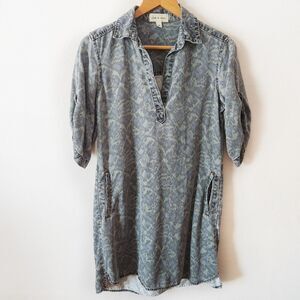 Anthro Cloth & Stone Camo Ikat Chambray Tunic Shirt Dress Tencel Roll Tab XS